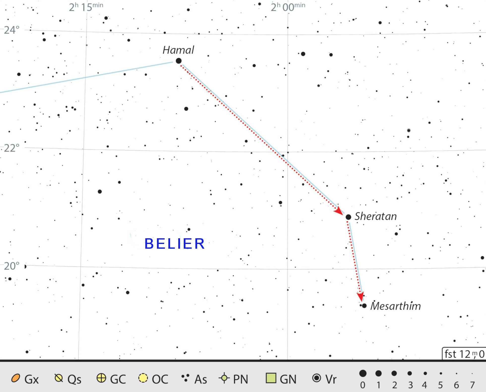 Carte de recherche de Mesarthim dans la constellation du Bélier. J. Scholten